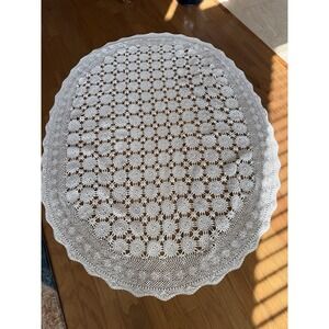 Vintage Handmade Oval Crochet White Tablecloth Soft Cotton 53"x 72" W/trim 5313